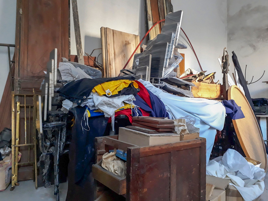 Messy garage interior view